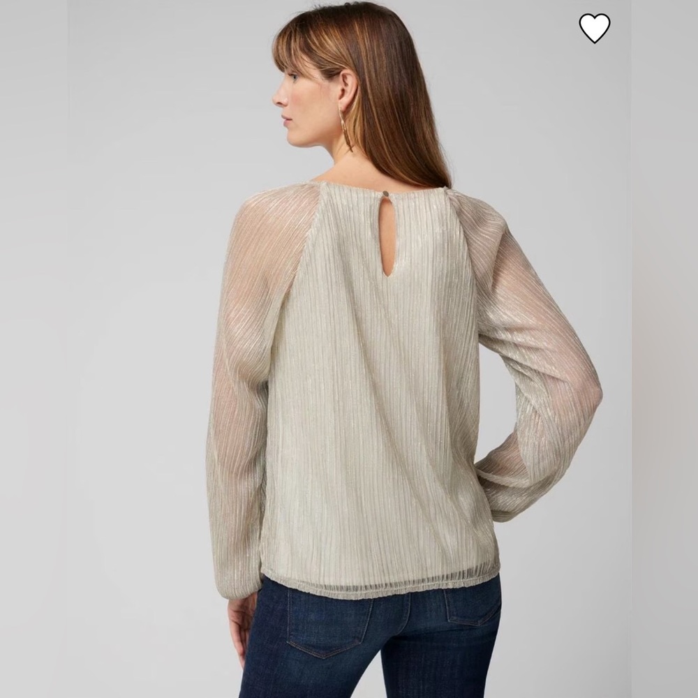💛NWT White House Black Market Long Sleeve Silver/Gold Lurex On Ecru Crinkle Top - Picture 4 of 6